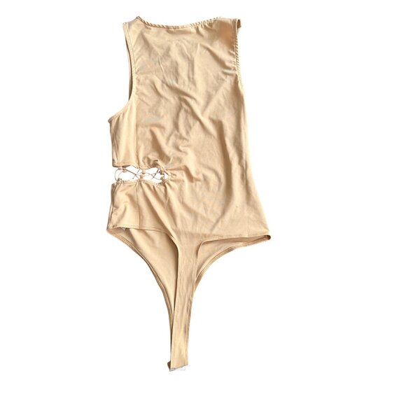 Asos Design Tan Lace-Up Cutout Bodysuit Size M/L Made In Bulgaria - Picture 6 of 7